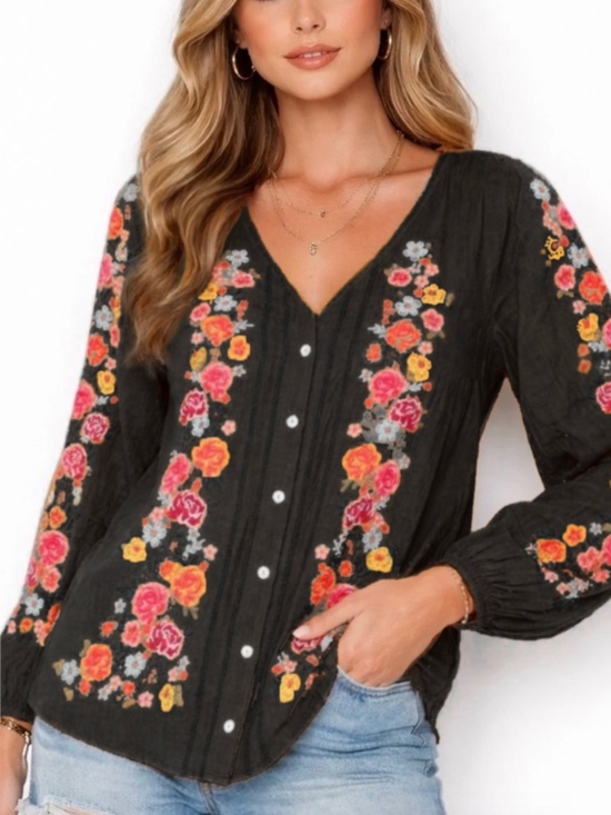 Savanna Jane Tops - Savanna Jane - Embroidered Floral Long Sleeve Button Front Blouse Top Black - 2X